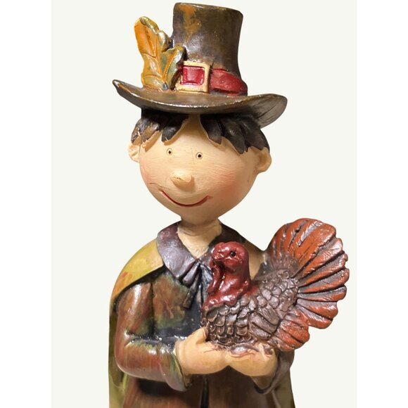 Thanksgiving Pilgrim Couple Figurines Holding Turkey & Harvest Baskets - Picture 3 of 10